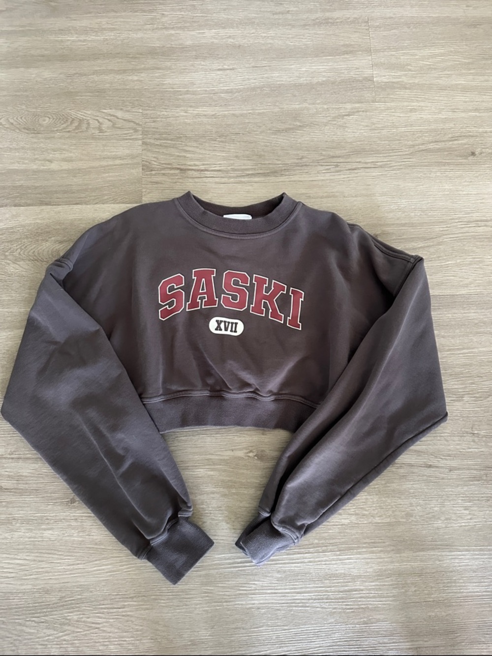 SASKI Cropped Crewneck Sweatshirt in Charcoal with Red Logo
